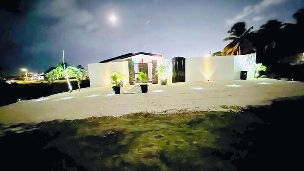 Un edificio moderno con techo plano, plantas en macetas y una entrada bien iluminada.