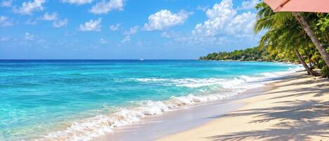 Uma praia com águas turquesa cristalinas, areal arenoso e palmeiras.