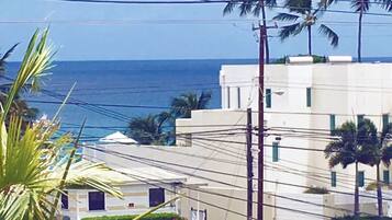 Un edificio frente al mar con varios pisos, rodeado de palmeras y líneas eléctricas.