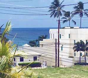 A coastal building with multiple floors, surrounded by palm trees and power lines. - Panthera Terra Apartments MUP - by Zenbreak (Holetown)