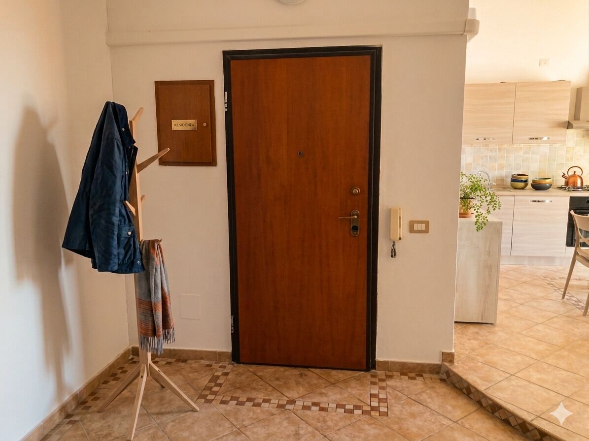 Habitación de hotel con puerta de madera, perchero con chaqueta, planta pequeña y suelo de baldosas.