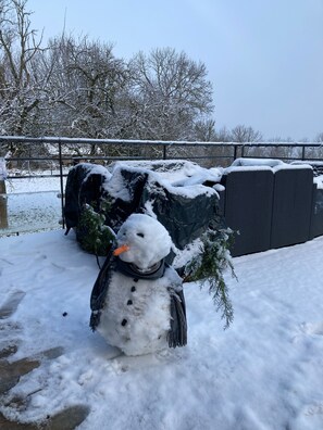 A snowman with a carrot nose and a branch for a hat, standing on snow-covered ground with a metal fence and trees in the background.