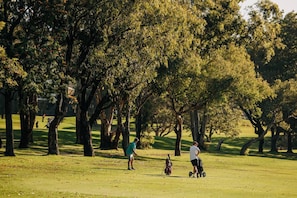 Golfkenttä, jossa on puita ja nurmikkoa.