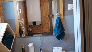Shower, towels, soap, toilet paper