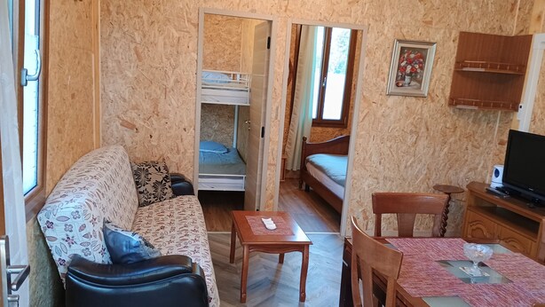 A compact room with a sofa, a small table, a television, and a bunk bed.
