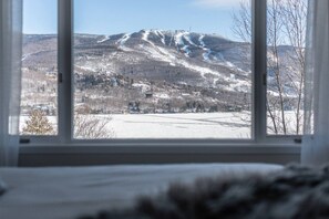 Aussicht aus dem Fenster auf eine verschneite Landschaft mit einem Berg, kahlen Bäumen und blauem Himmel.