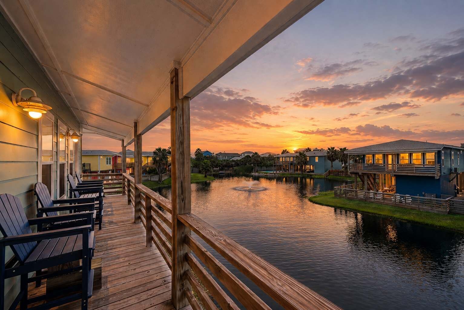 Eine Holzterrasse mit Stühlen, die auf ein Gewässer mit einem Steg und einem Gebäude mit Sonnenuntergangsblick blickt.