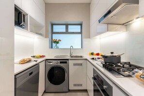 Eine kompakte Küche mit Geschirrspüler, Waschmaschine, Herd und einem Fenster über der Spüle.