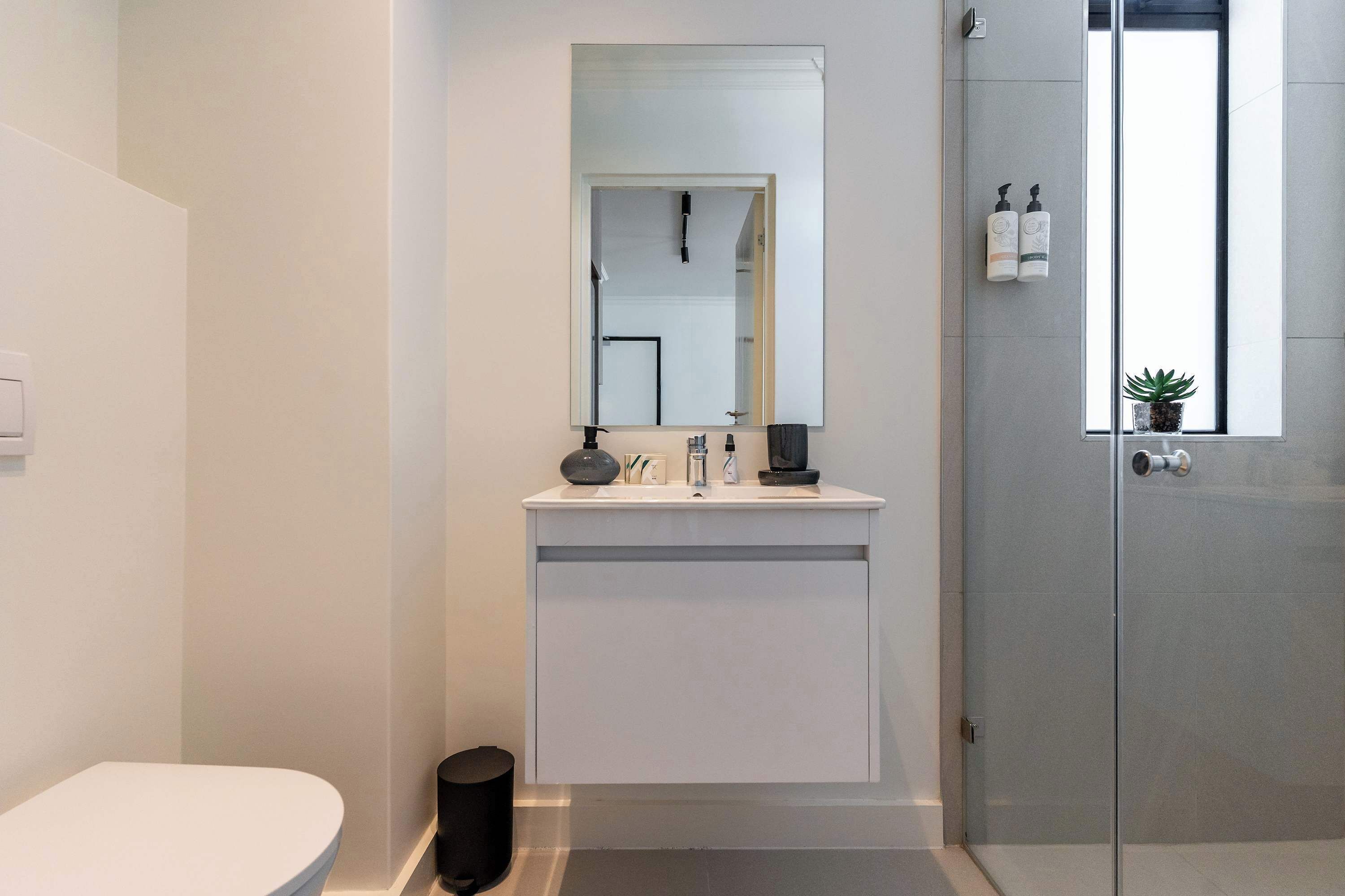 A modern bathroom with a white sink, mirror, and toilet. There is a glass shower enclosure and a small potted plant on the windowsill.