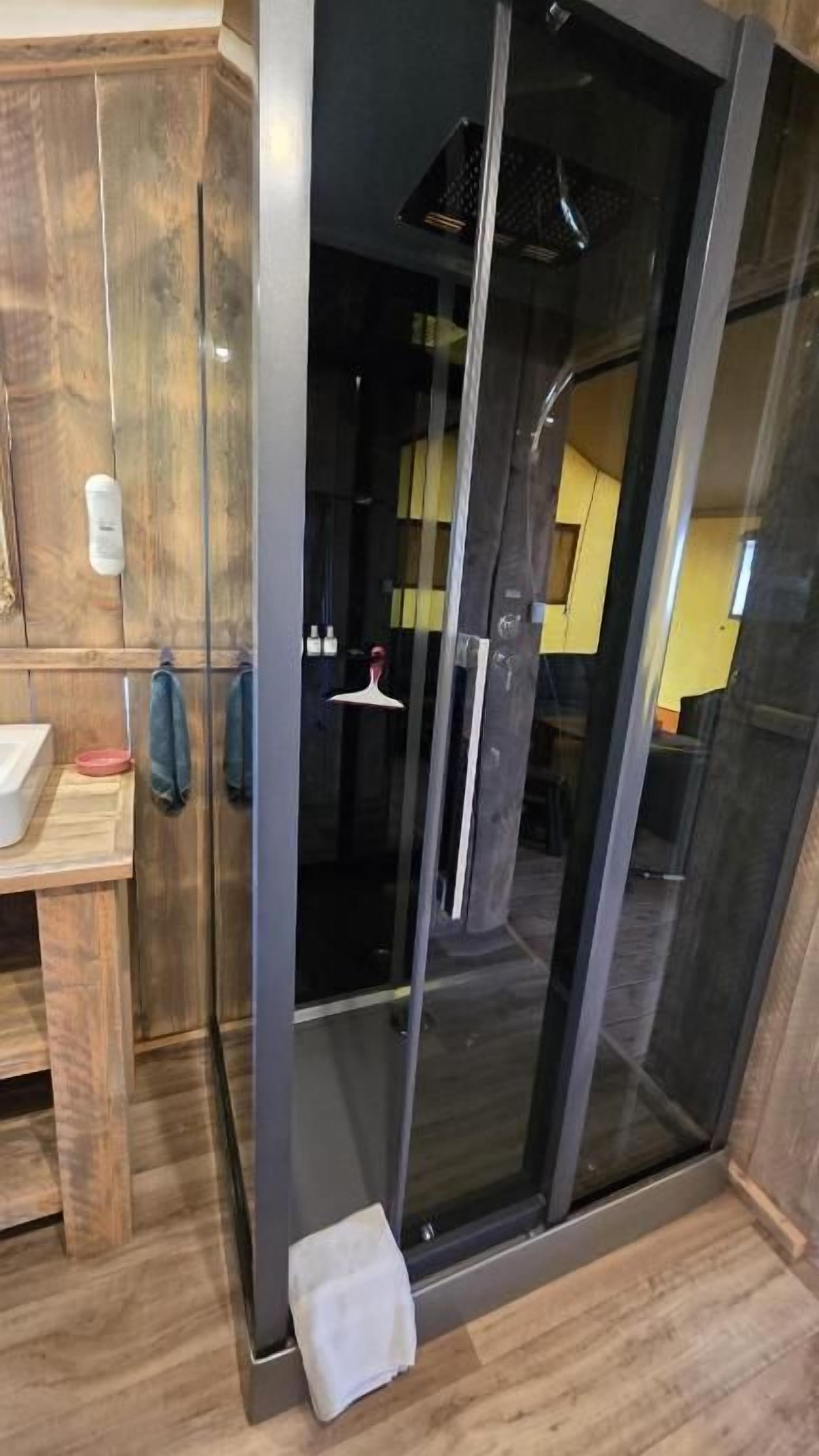 A modern bathroom with a glass shower enclosure, wooden cabinetry, and a small step leading to the shower.