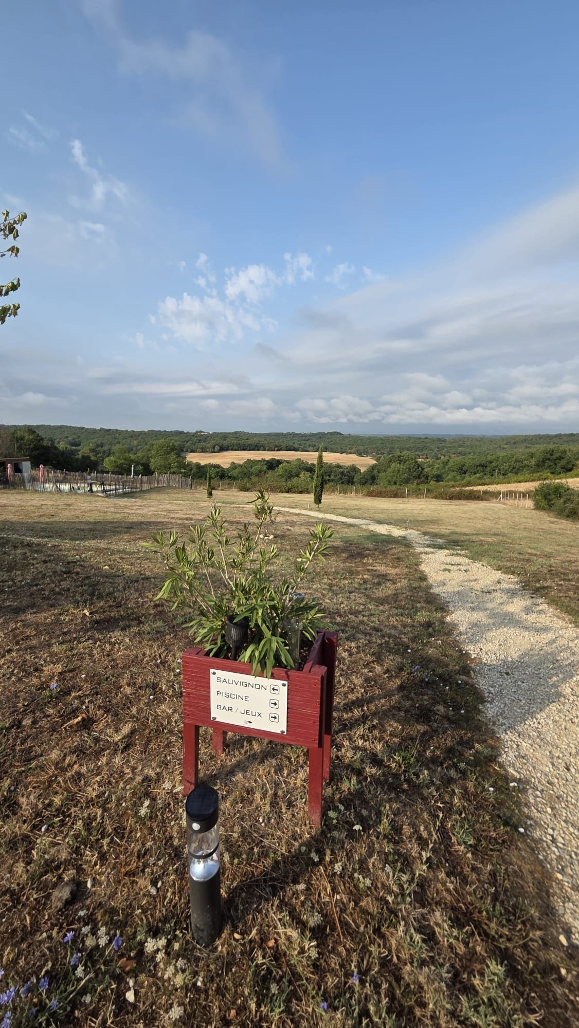Paesaggio rurale con un cartello che indica un vigneto, una piscina e un bar/area giochi.