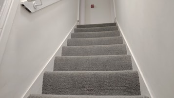 A staircase with carpeted steps and a handrail, leading to a door with a fire alarm.