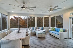 A covered outdoor deck with wicker furniture, large windows, and ceiling fans. - Luxury 4BR/5BA Lakefront Oasis with Expansive Decks and Panoramic Views (Pottsboro)