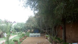 A dirt path with potted plants on either side, leading to a seating area with a bench. - The Perfect Vacation, 20 Minutes from the Airport in the Marrakech Countryside, Sleeps 12 (Marrakech)