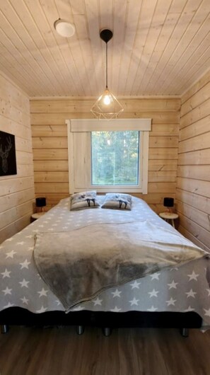 A bedroom with a bed, a window, and a hanging light fixture.