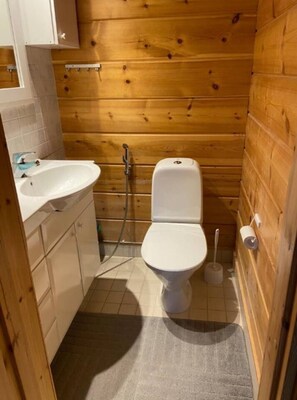 Une petite salle de bain compacte avec un lavabo, des toilettes et une douche, le tout de couleur blanche.