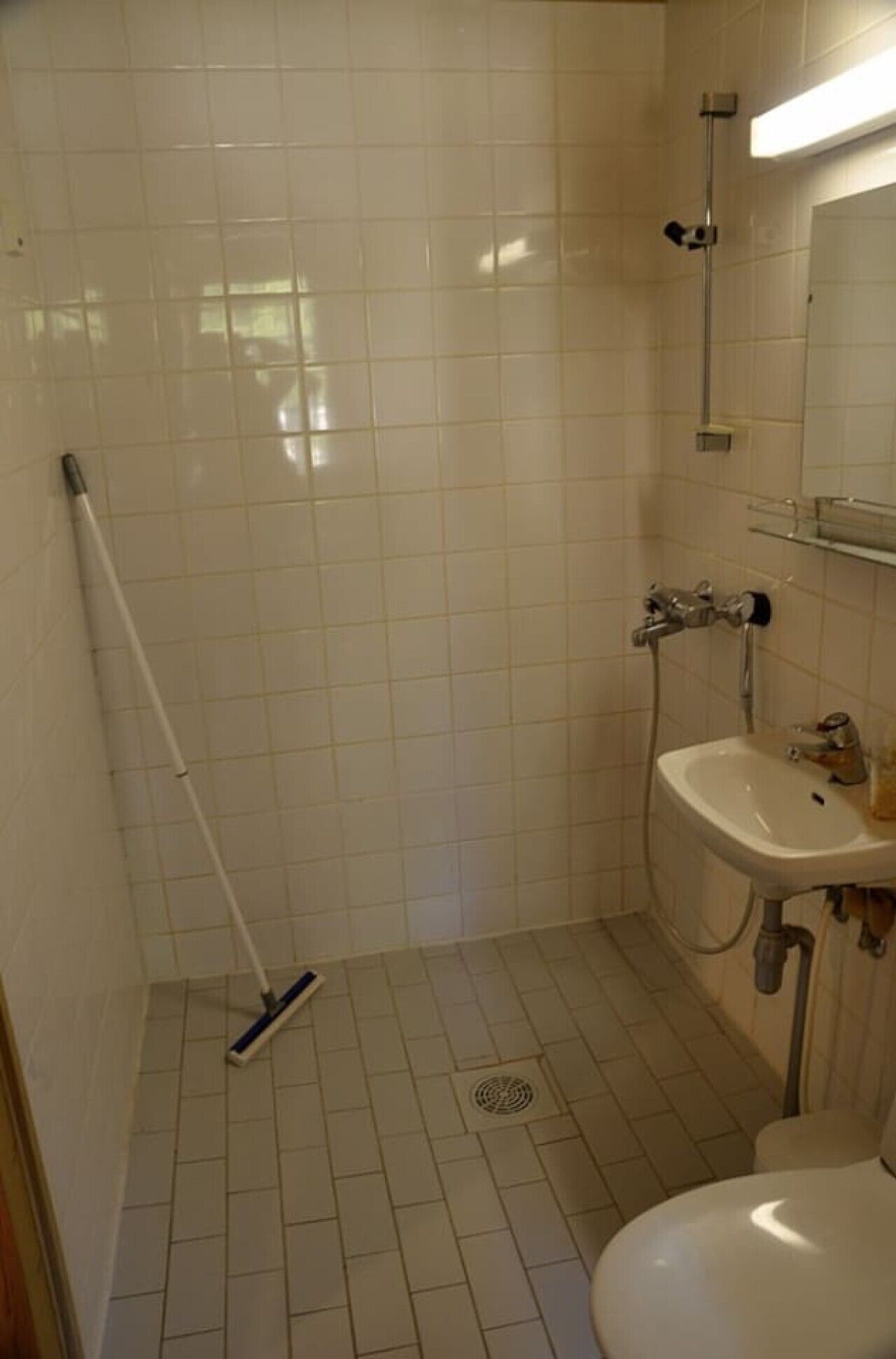 A bathroom with a shower, a sink, and a toilet.
