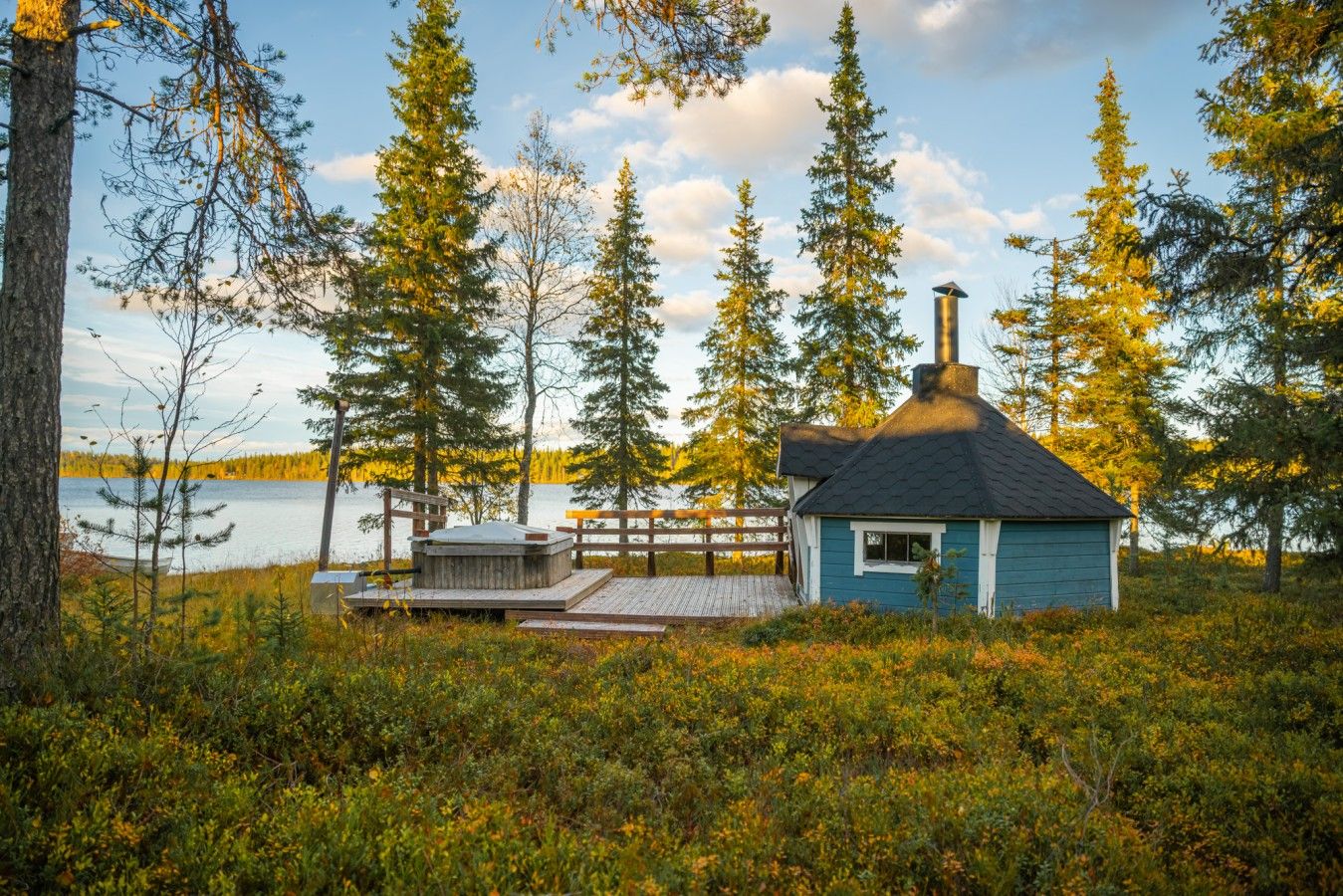 A cabin with a chimney, surrounded by trees and a lake.