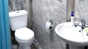 A bathroom with a toilet, a sink, and a marble wall. - MIB CAPSULE (Khelvachauri)