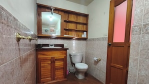 Une salle de bain avec des toilettes, un lavabo et un meuble en bois.
