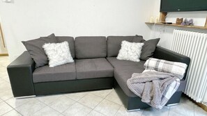 A grey sectional sofa with white fluffy pillows, a plaid throw blanket, and a television mounted above a white radiator. - Casa Lara by Ca-Sa Check (Aprica)
