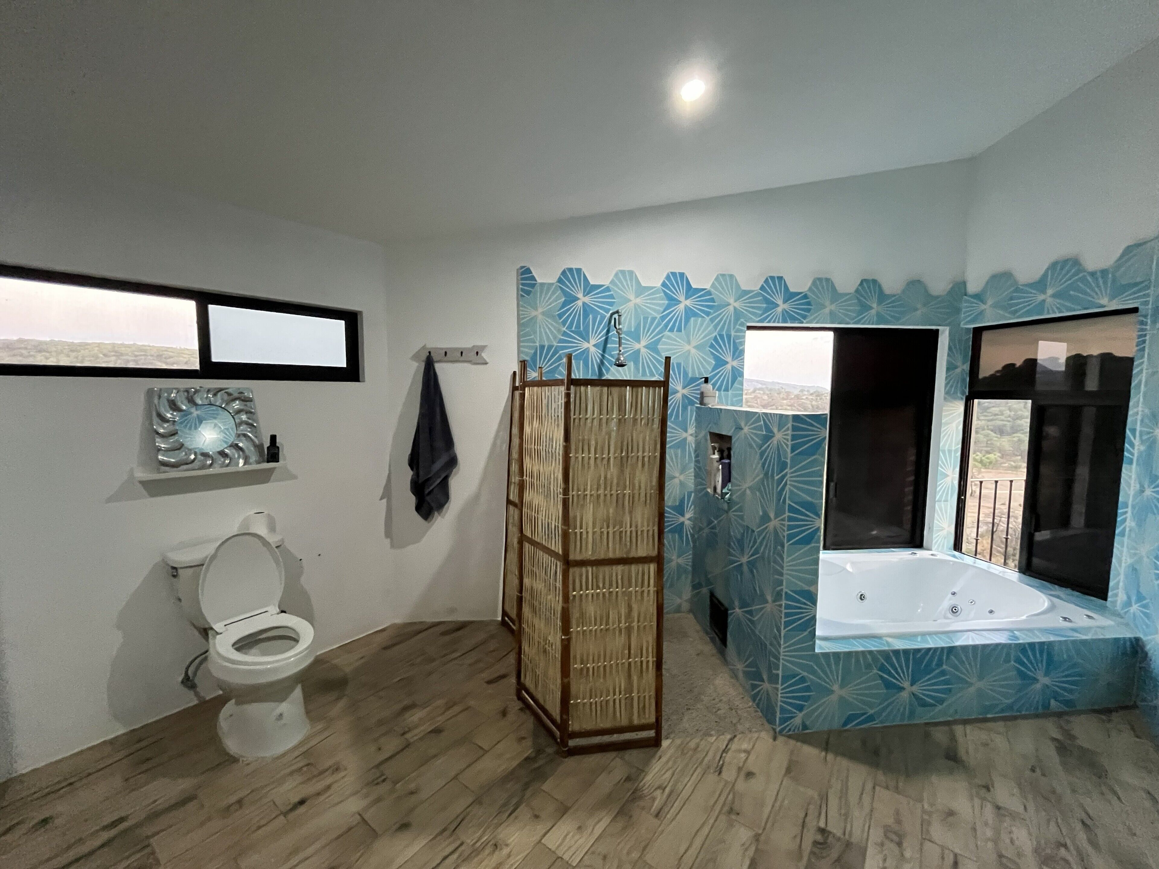 A bathroom with a toilet, a shower enclosure, and a bathtub.