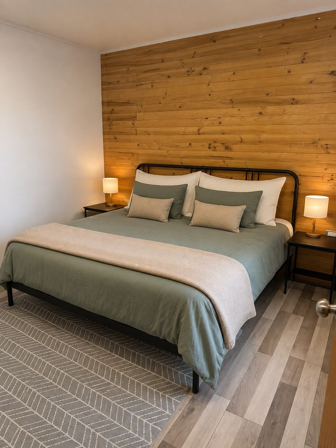 Ein Schlafzimmer mit einem Bett, zwei Nachttischen und einem hölzernen Kopfteil.
