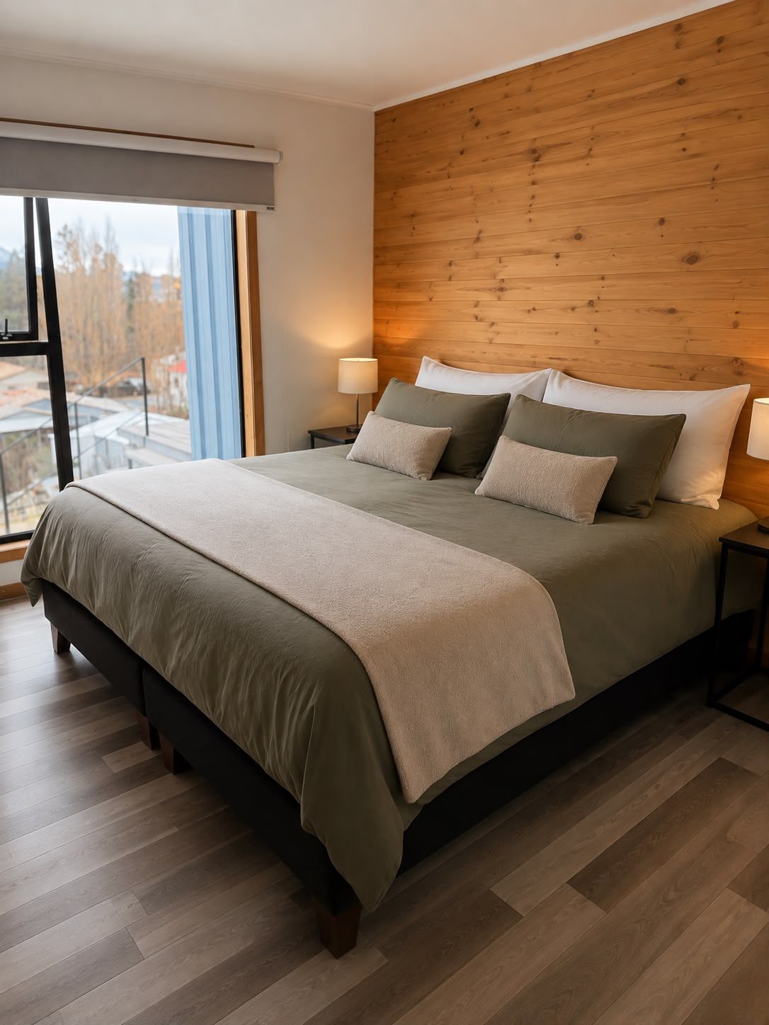 A modern bedroom with a large bed, wooden headboard, and a view of the outdoors through a window.
