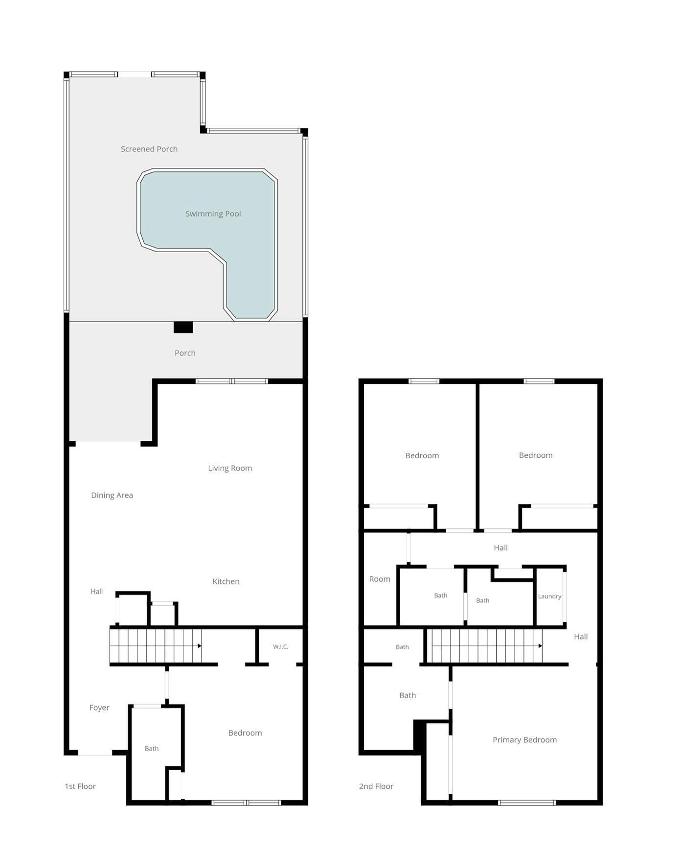 En grundrids viser en indhegnet veranda, swimmingpool, spiseområde, køkken, opholdsstue, soveværelser, badeværelser og en foyer.