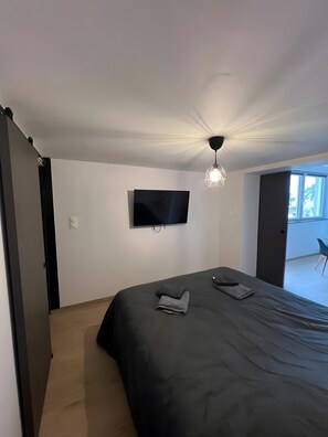Une chambre à coucher comprenant un lit, un téléviseur à écran plat fixé au mur, un luminaire au plafond et une fenêtre.