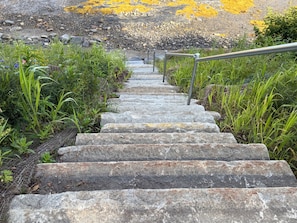 A stone staircase leading uphill with metal railings, surrounded by greenery and rocks.