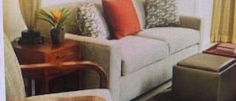 A living room with a sofa, a coffee table, and a chair.