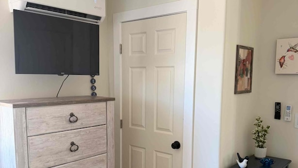 A room with a wooden dresser, a white door, a small table with a potted plant, and a mounted air conditioner.
