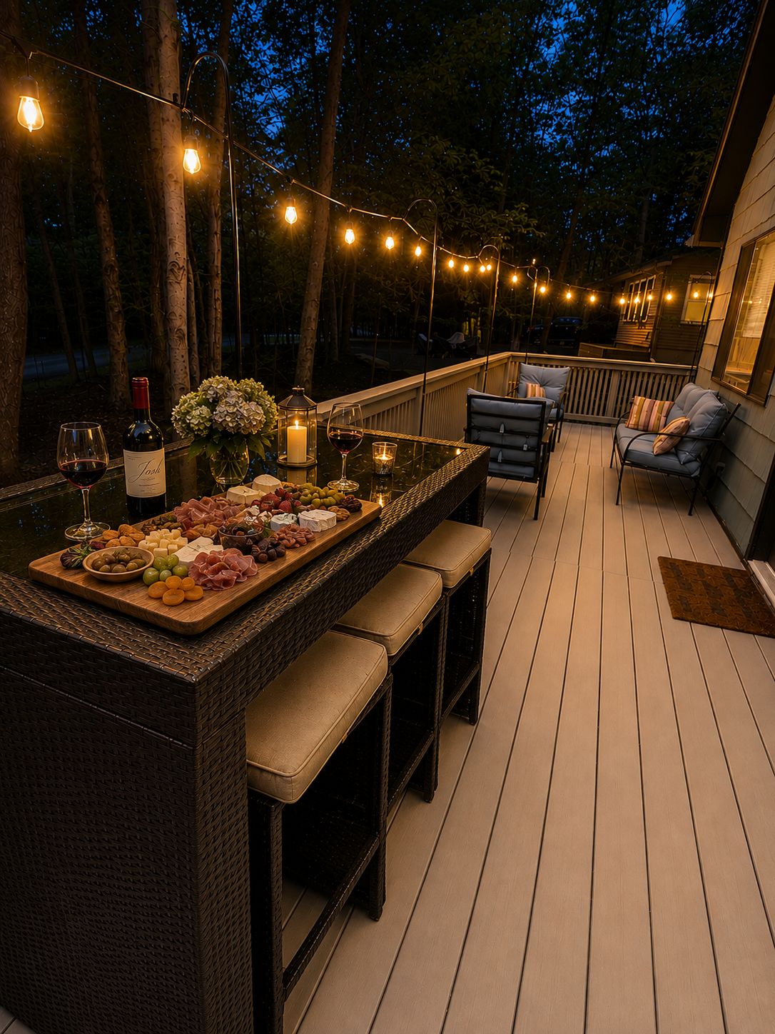 An outdoor bar area with a wooden deck, string lights, a bar counter with a cheese and charcuterie board, seating, and a bottle of wine.