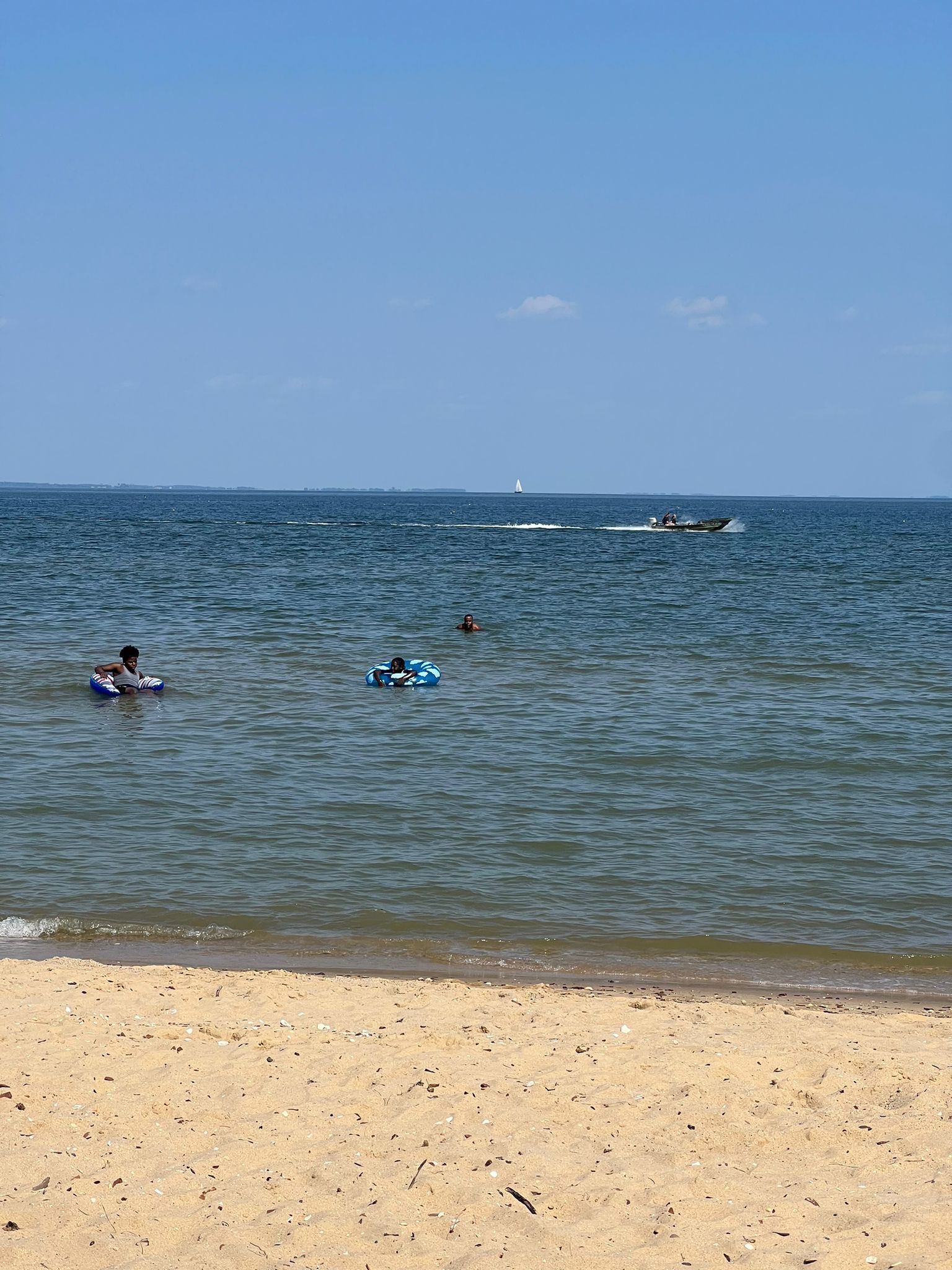 A beach with calm waters, a sandy shore, and a sailboat in the distance.
