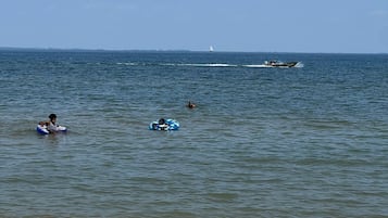 A beach with calm waters, a sandy shore, and a sailboat in the distance.