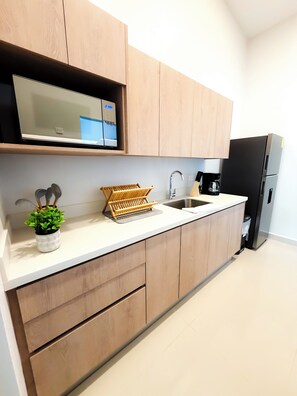A modern kitchen with wooden cabinets, a stainless steel sink, a built-in microwave, and a black refrigerator. - Brand New: Boutique House, Near LIR Airport & Best Beaches (Guanacaste Province)