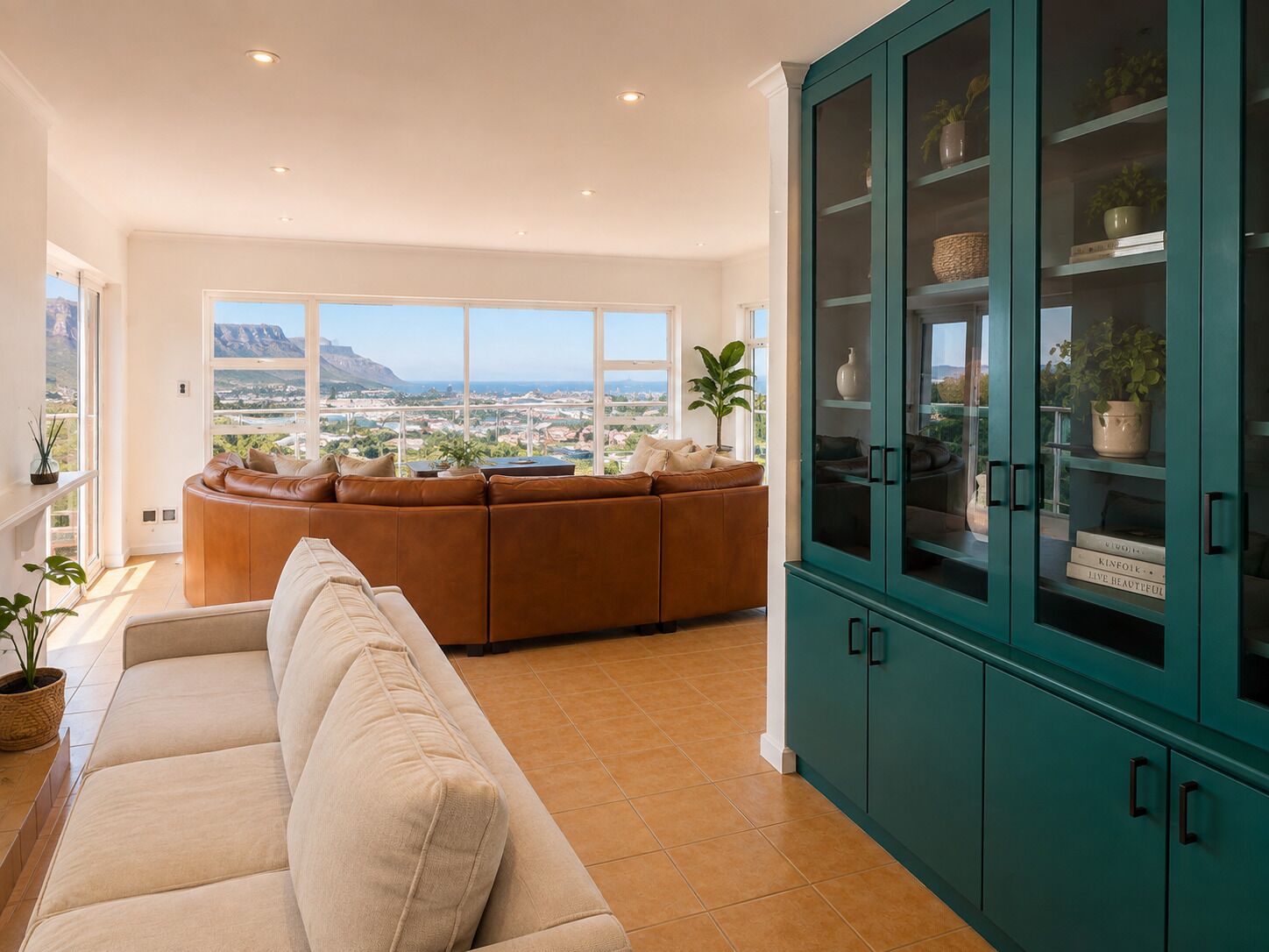 A living room with a sofa, a cabinet, and a view of a cityscape through large windows.