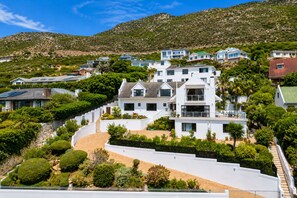A hillside residential area with multiple houses, a winding driveway, and a variety of vegetation.
