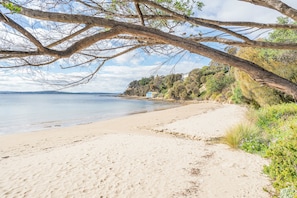 A beach with a sandy shore, a large tree branch overhead, and a building in the background. - Suncoast Summer House Stunning River Derwent Vista (Blackmans Bay)