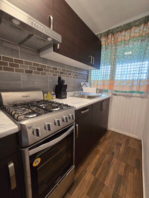 A kitchen with a gas stove, oven, and modern cabinetry.