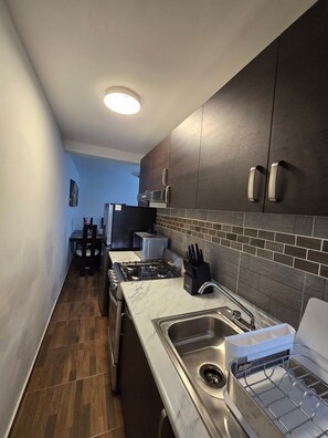 A compact kitchen with a stove, sink, and modern cabinetry.