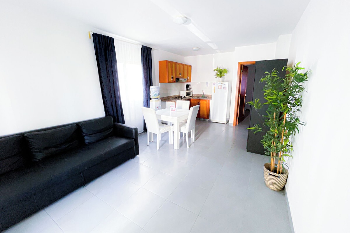 A modern living room with a black sofa, a dining table with chairs, a kitchen area with cabinets, and a potted plant.