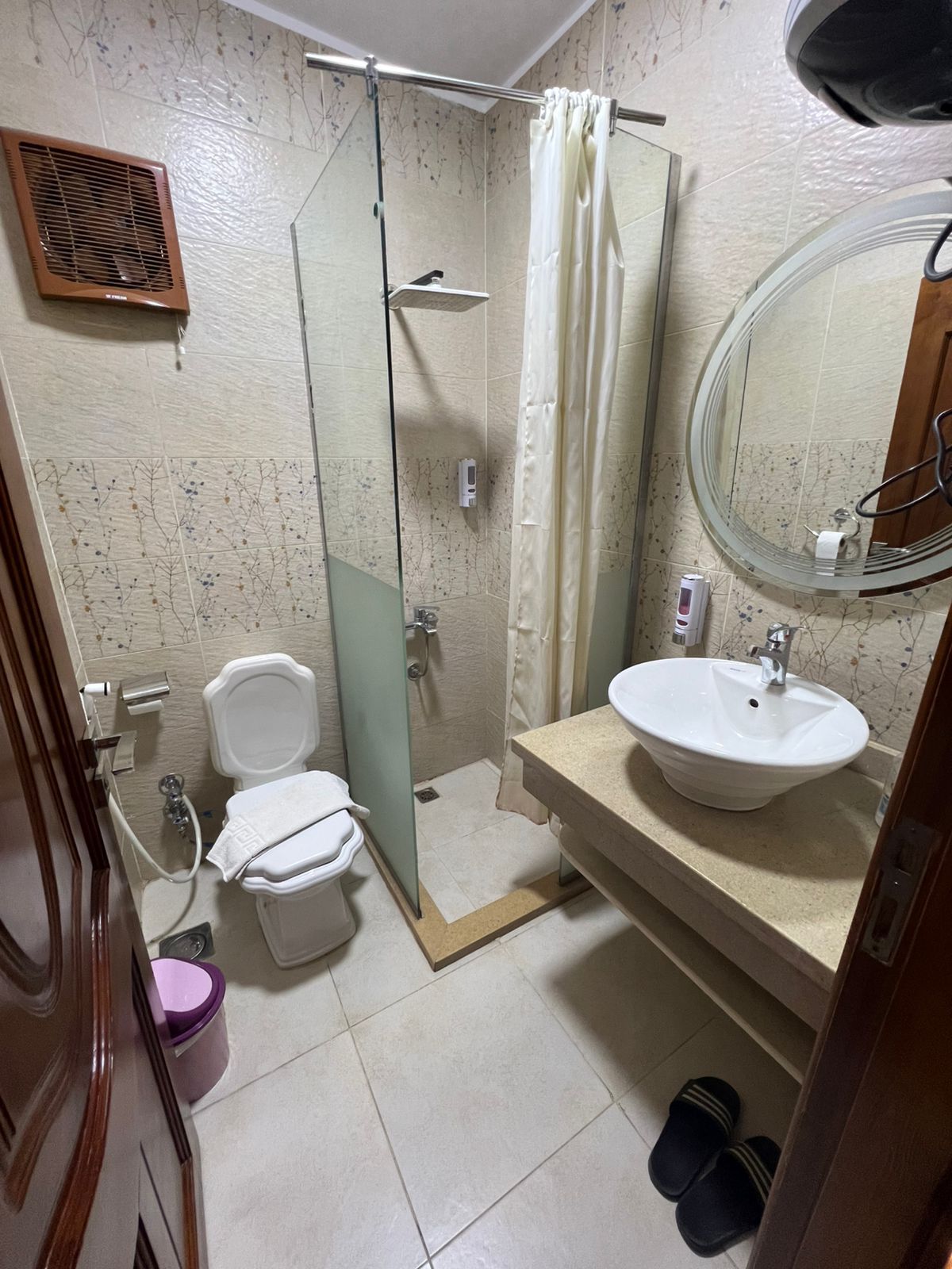 A bathroom with a glass-enclosed shower, a white toilet, a sink with a mirror, and a shower curtain.