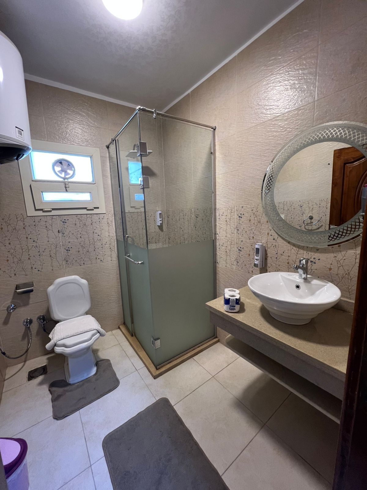 A bathroom with a toilet, a glass-enclosed shower, a sink with a mirror, and a toilet paper dispenser.