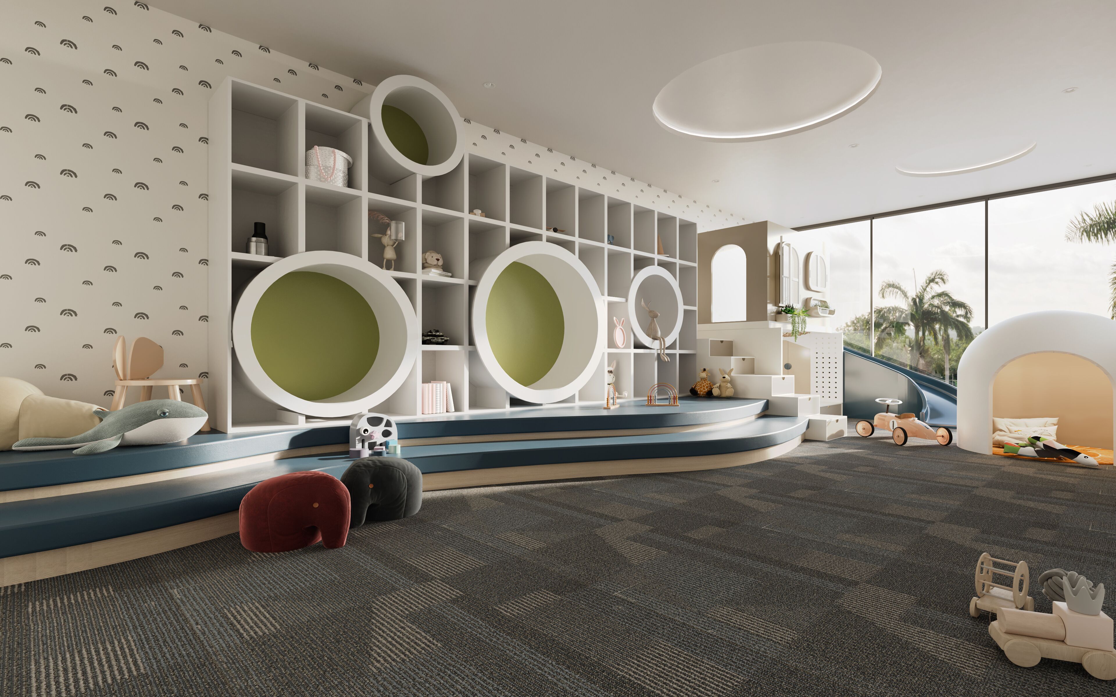 A modern children's playroom with built-in storage, a slide, and a large window offering a view of palm trees.