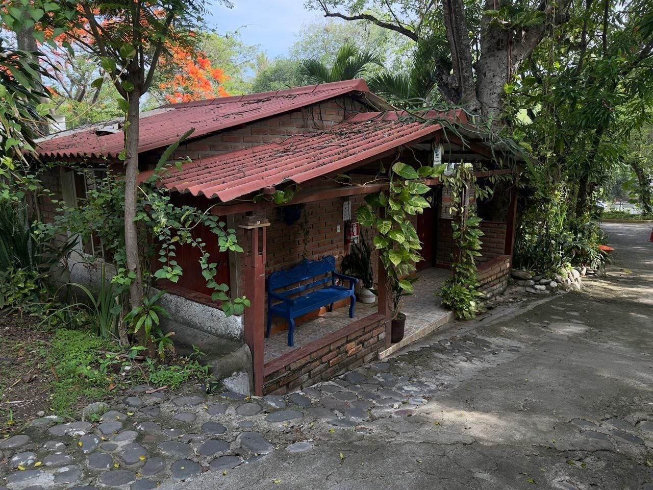 Une structure rustique en bois, dotée d’un banc, entourée de verdure et bordée d’un chemin pavé.