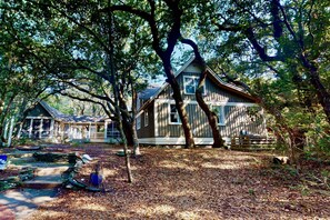 A rustic cabin with a sloped roof, surrounded by dense foliage and a leaf-covered ground. - 2 Private Wings, Great Outdoor Spaces, Secluded Maritime Forest, Dogs OK, BHI Club + Golf (Bald Head Island)