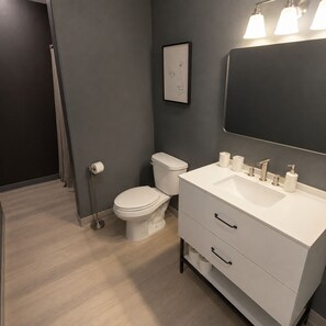 Une salle de bain moderne avec des toilettes, un lavabo et un miroir.