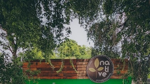 Une auberge de jeunesse à l’extérieur verdoyant, avec un toit en bois à lattes, une enseigne indiquant « TEPUY HOSTEL » et un hamac rouge au premier plan.
